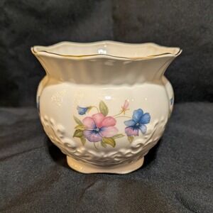 Vintage Maryleigh Pottery Handmade In England Planter Pot Floral Pansy Gold Rim